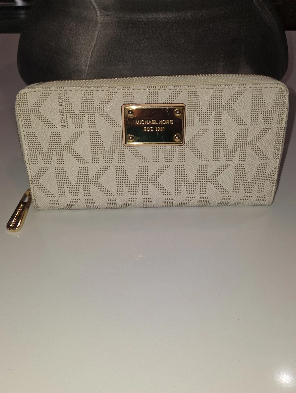 Michael Kors Beige Logo Zip Around Wallet with Gold Hardware
